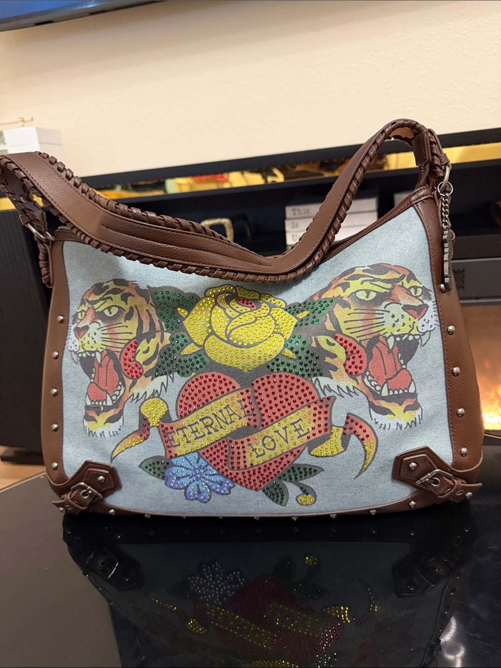 Ed Hardy Brown Embellished Tote with Tiger and Heart Graphic